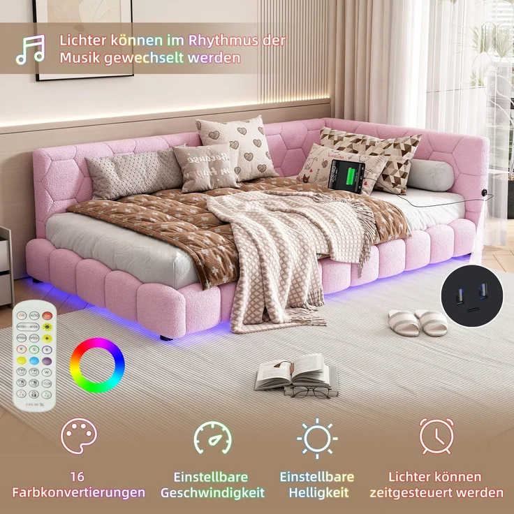 Schlafsofa mit Bettfunktion und Lattenrost, 90x200 cm, Polsterbett, Einzelbett, Jugendbett, Bezug aus Vlies – Bild 4