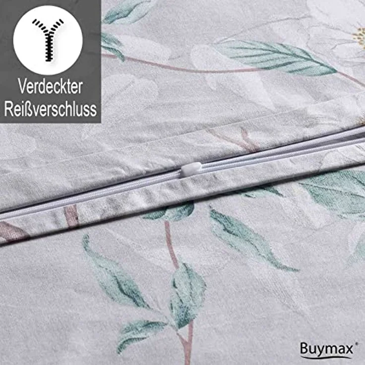 Buymax Bettwäsche Laris, Renforcé: 100% Baumwolle, 3 teilig, Bettbezug Set, Reißverschluss, Blätter Floral, Grau Grün – Bild 4