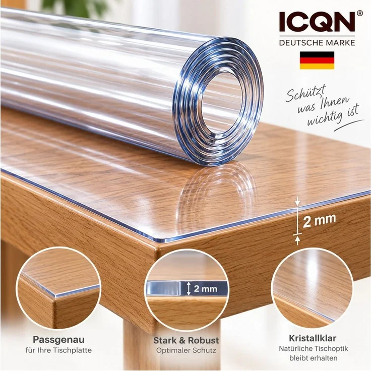 ICQN Tischdecke Transparente PVC Tischschutzfolie 2 mm, kratzfest & hitzebeständig – Bild 2