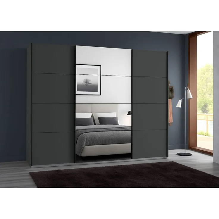 Schwebetürenschrank Kleiderschrank B225 cm H208 cm 3-türig Grafit, 1x Spiegeltür – Bild 3