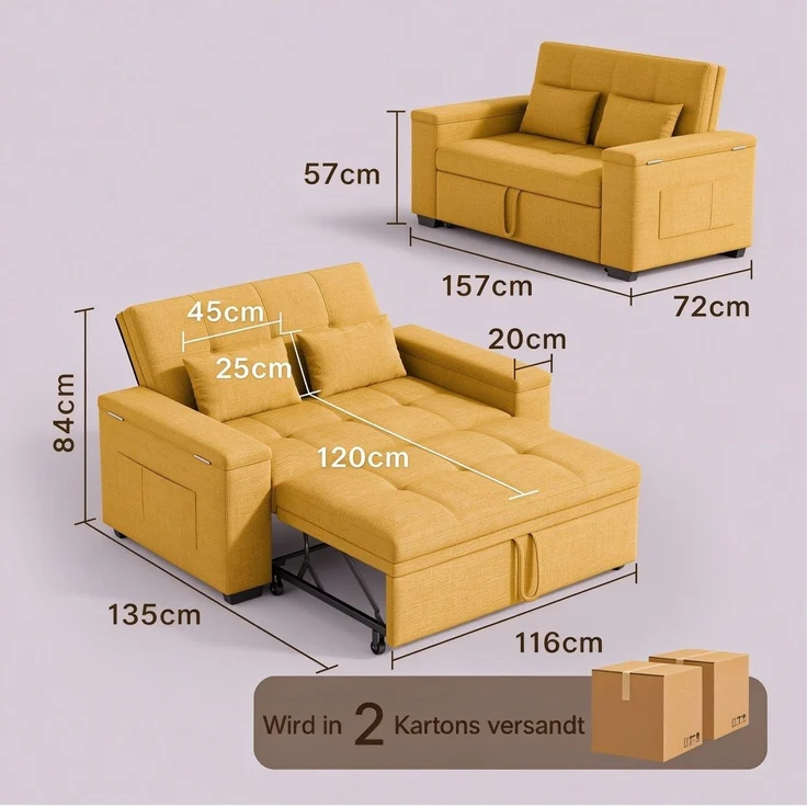 Blishom Schlafsofa 2-Sitzer-Sofabett mit verstellbarer Rückenlehne, Ausziehbares mit Kissen und Seitentasche Armlehne mit Staufach – Bild 2