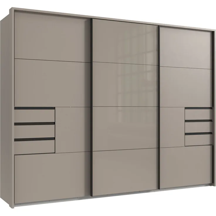 Schwebetürenschrank Kleiderschrank 3-trg 273cm Sandgrau, Glasfront Passepartout