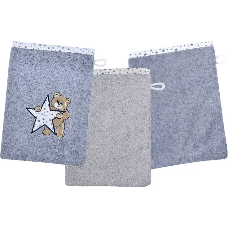 Wörner Waschhandschuh Teddy/Stern Waschhandschuh 3er Set, (3-St), 1x mit süßer Teddystickerei, 2x unifarben