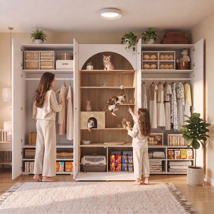 Wohnora-Kleiderschrank, Garderoben-Set Garderobe, Haustierschrank, 270 x 50 x 200 cm, mit 1 Kleiderstange, Katzenkletterwand und Haustierkissen, für Schlafzimmer, Wohnzimmer und Flur, Weiß+Holzoptik,H 200cm x T 270cm x B 50cm – Bild 4