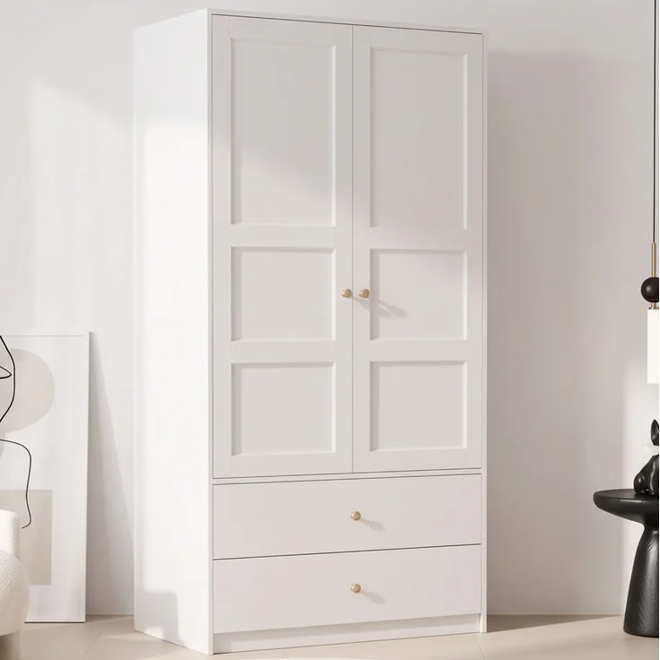 CHICFURN Kleiderschrank 100x180x48 cm mit 2 Türen, 2 Schubladen und Kleiderstange – Weiß – Bild 1