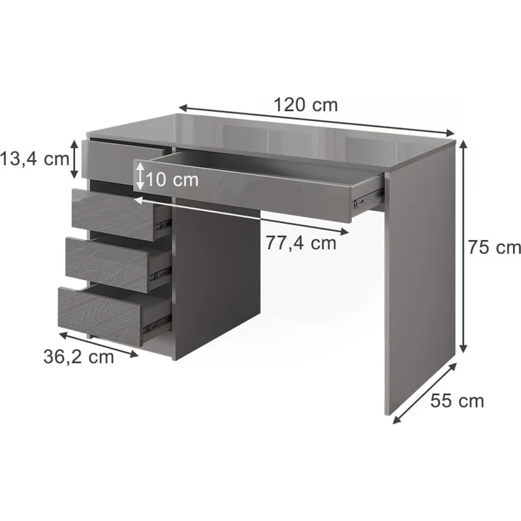 Schreibtisch Sherry Grau Hochglanz 55 x 120 cm mit Schubladen Vicco – Bild 3
