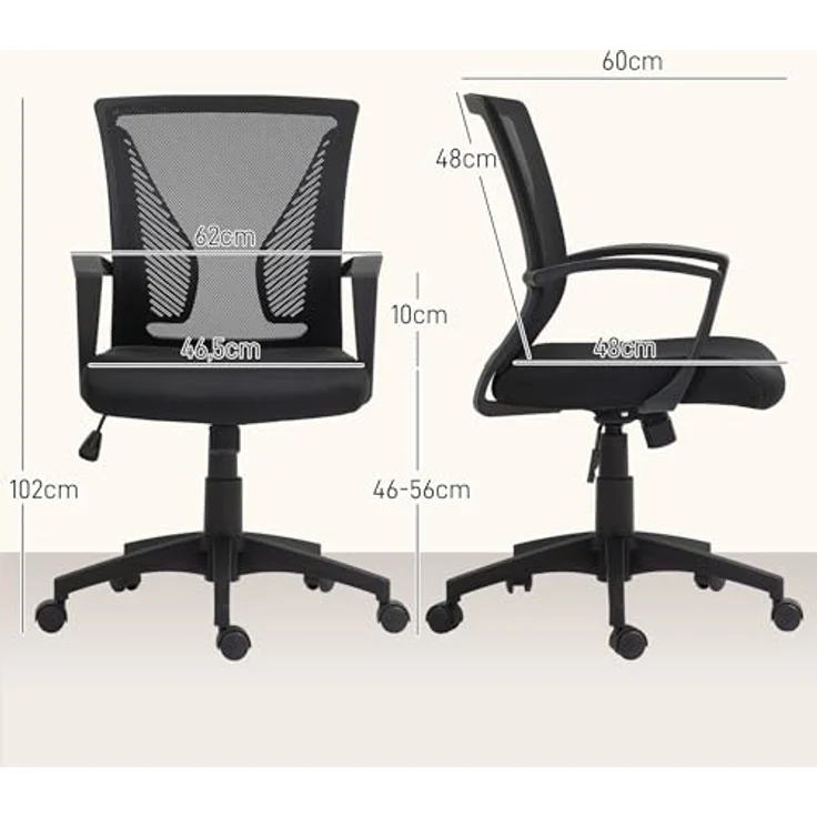 HOMCOM Ergonomischer Bürostuhl, Schwarz, Drehstuhl mit verstellbarer Rückenlehne und atmungsaktivem Netzrücken, 62x102x60 cm – Bild 3