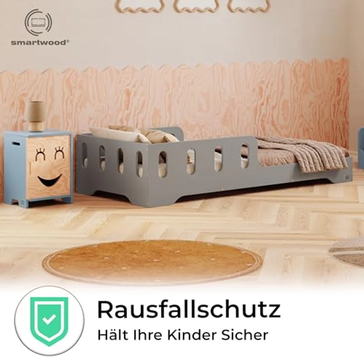 smartwood Kinderbett 140x200 cm in Grau - Montessori Bodenbett mit Rausfallschutz & Lattenrost - Aus handbemaltem Sperrholz - Sicher für Jungen und Mädchen - Einfache Montage - TILA 6 – Bild 7