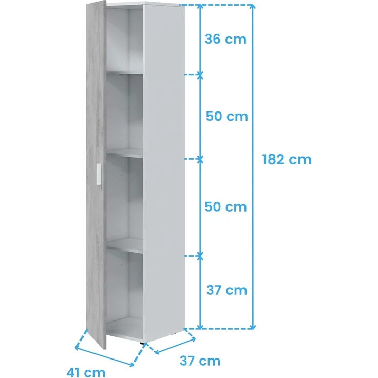 Habitdesign, Hochschrank – platzsparender Mehrzweckschrank mit 1 Tür und 3 Einlegeböden, viel Stauraum in Arkit weiß und Zementgrau, Maße: 41 x 182 x 37 cm (B x H x T), Modell Tidy – Bild 3
