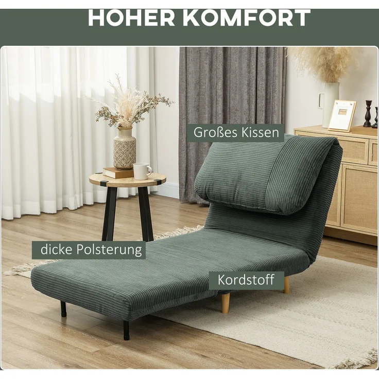 Schlafsessel mit Kordbezug, 2-in-1-Funktion, 82x89x83 cm, Grün – Bild 5