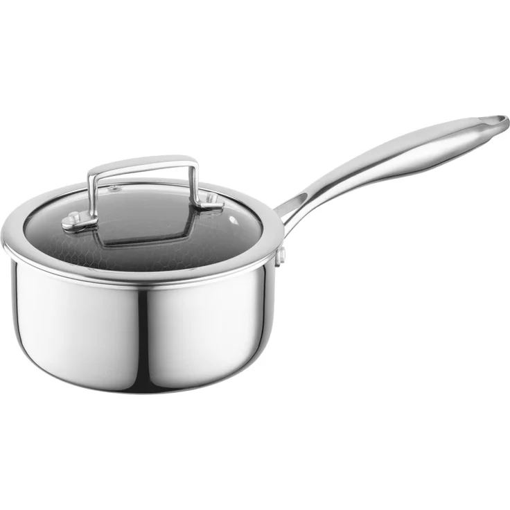 FLORINA Edelstahl Stieltopf mit Glasdeckel ARISTO 16 cm 1L | Antihaftbeschichtung mit Wabeneffekt | Stielkasserolle Für alle Herdarten | Hitzebeständiger Deckel | Kann im Backofen verwendet werden