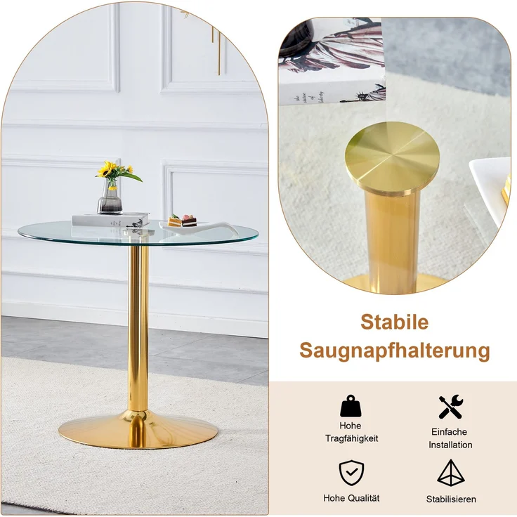 Esstischgruppe H 76 x T 85 x B 85 cm aus gehärtetem Glas mit goldfarbenem Metallgestell, 4 drehbaren PU-Stühlen – Bild 5