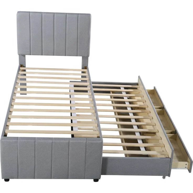 Polsterbett 90x200 cm mit Ausziehbett und 3 Schubladen – Leinenbezug, höhenverstellbares Kopfteil, grau – Bild 7