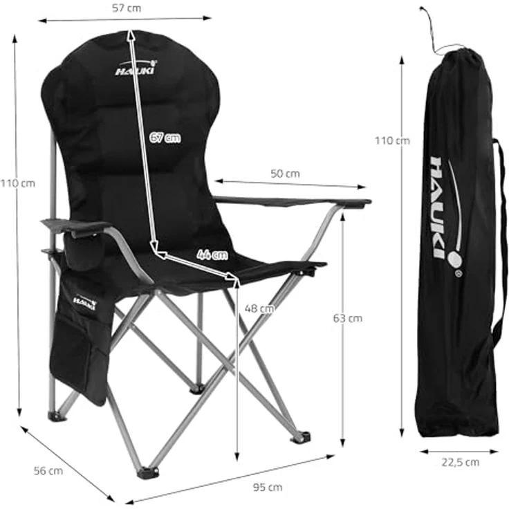 Hauki Campingstuhl Faltstühl faltbar mit Getränkehalter & Tragetasche bis 150kg (2 St), 2x Klappstuhl 56x95x110cm Schwarz Angelstuhl mit Hochlehner Gepolster – Bild 3