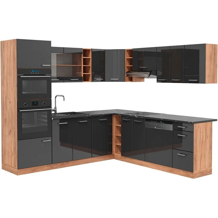 Eckküche R-Line Anthrazit Hochglanz/Goldkraft Eiche 247 x 237 cm, AP Anthrazit Vicco – Bild 1