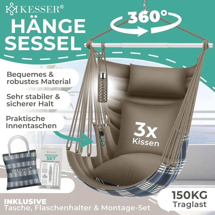 KESSER® Hängesessel Haiti 150kg Traglast, Hängestuhl 360° Drehung, Hängeschaukel Indoor-Outdoor UV-beständig & Wasserfest, Pflegeleicht, Inkl. 2 Kissen, Tragetasche, Flaschenhalter & Montage-Set Mocca – Bild 2