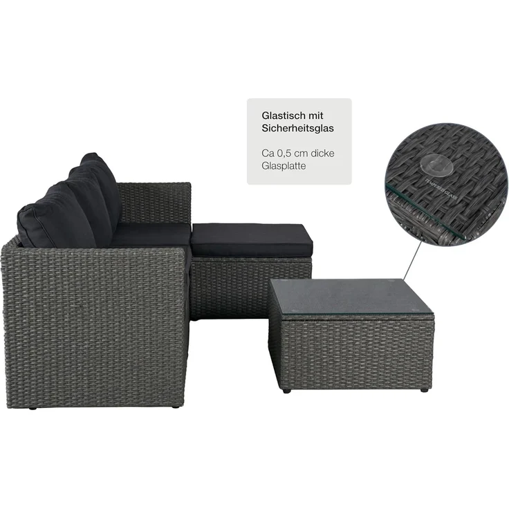 LC Garden Gartenlounge-Set Loungino« Poly Rattan Balkon Lounge Set Sofa + Hocker +Tisch Set, (Loungeset, 3-tlg, Set 3 tlg), Polsterung: Schaumstoff (waschbar bei 30 Grad) – Bild 5