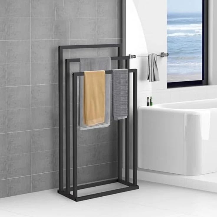 DanDiBo Handtuchhalter Stehend Handtuchständer Freistehend Schwarz Matt Metall 96498 Badetuchhalter mit 3 Handtuchstangen Badezimmer Badezimmermöbel Modern – Bild 4