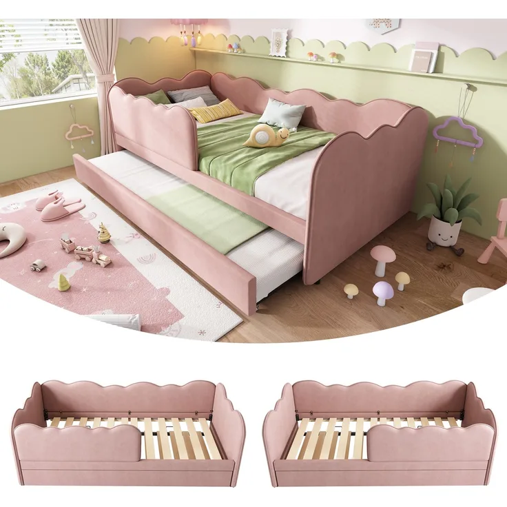 EINHOM Polsterbett Daybett 90 x 190 cm, Tagesbett Schlafsofa mit Ausziehbett 90 x 190 cm, Kinderbett mit Lattenrost, Samt, Rosa, (Ohne Matratze)