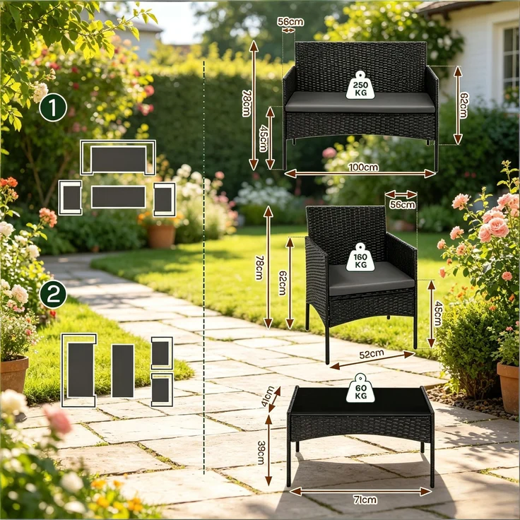 Gartentisch 71 x 41 x 39 cm mit 4-teiliger Sitzgruppe für 4 Personen, PE-Rattan und Glas, Schwarz – Bild 5