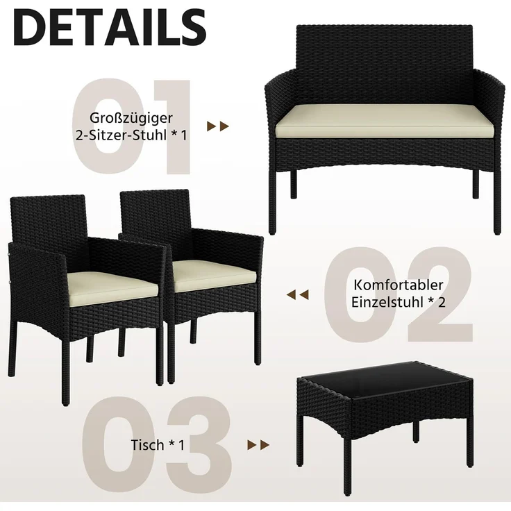 Yaheetech Balkonset Gartenmöbel-Set 4-er Set Rattanmöbel für 4 Personen, Gartengarnitur aus Zweisitzer-Sofa & 2 Einzelsofas & Kaffeetisch – Bild 4