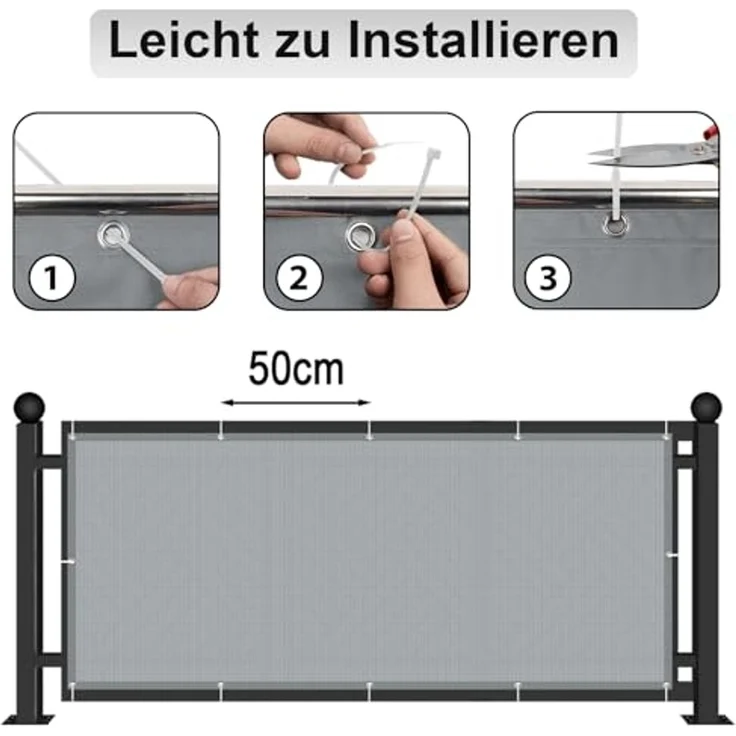 AXT SHADE Balkon Sichtschutz Wetterfest 90x600 cm Balkonverkleidung Balkonabdeckung Balkonbespannung Blickdichte Windschutz und UV-Schutz mit Kabelbinder für Balkongeländer-Hellgrau – Bild 6
