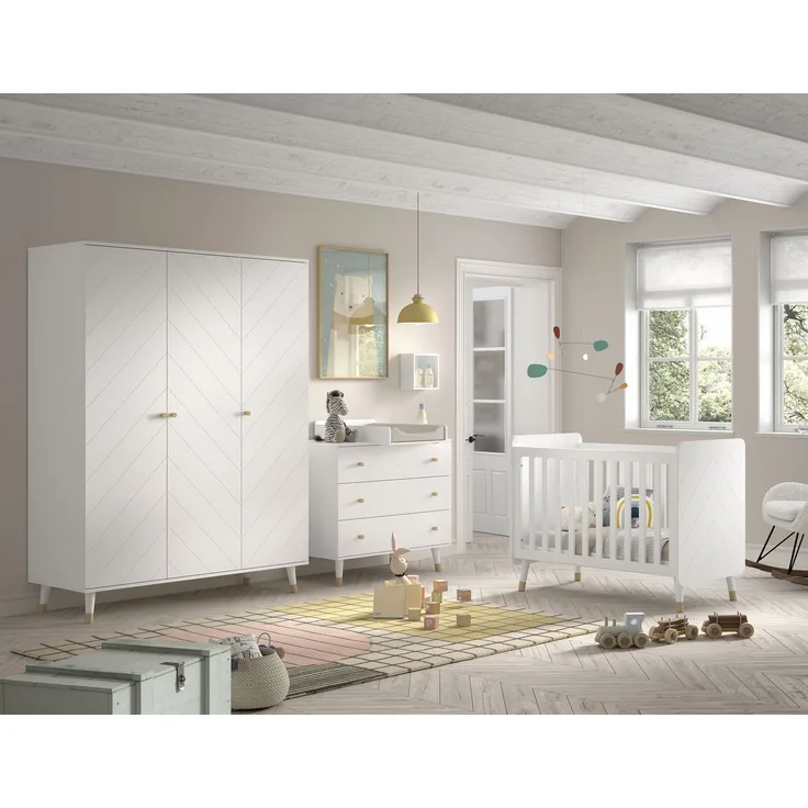 BILLY Babyzimmer-Set, best. aus Kommode, Wickelaufsatz, Babybett 60x120 cm u. Kleiderschrank 3-trg, MDF Satin Weiß lackiert