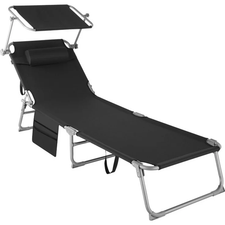 tectake® Sonnenliege klappbar, tragbar, Liege mit Seitentasche, Strandliege, Gartenliege mit Dach, Liegestuhl mit Verstellbarer Rückenlehne, inkl. Kopfkissen - für Balkon, Terrasse, Camping - schwarz – Bild 4