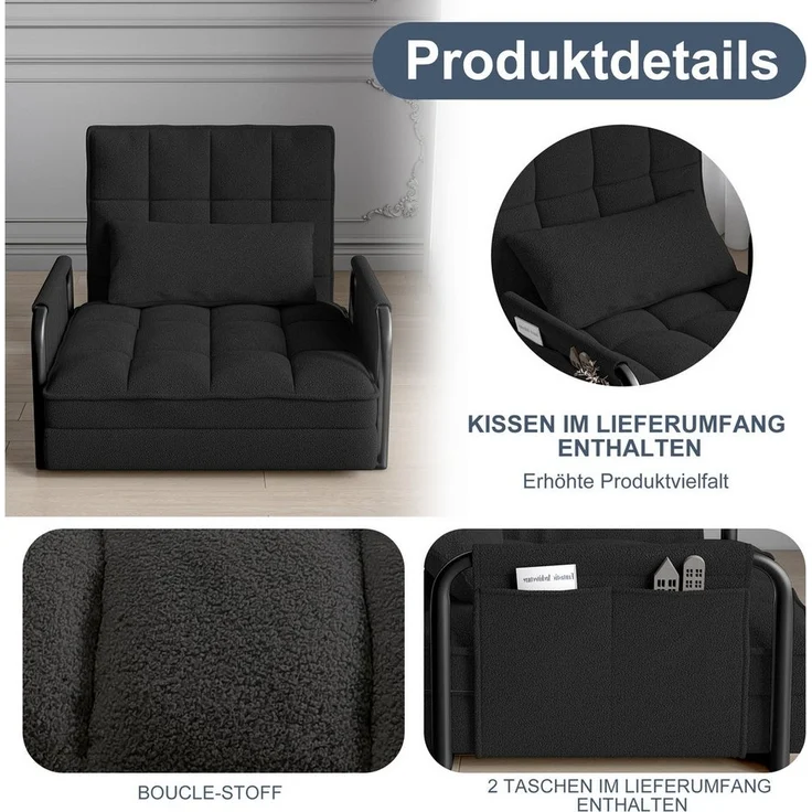 FUROKOY Relaxsessel Liegebett Klappsessel mit Bettkunktion,5 Positionen Verstellbare (Klappbett, 1-St, 3-in-1 Bodensessel), verstellbar,klappbar,mit Armlehnen & Kissen,Schwarz – Bild 3