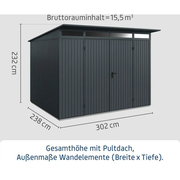 Hörmann Ecostar Metall-Gerätehaus Trend mit Pultdach Typ 3, 238x303 cm , anthrazitgrau, 7,2 m²,2-flüglige Tür – Bild 3