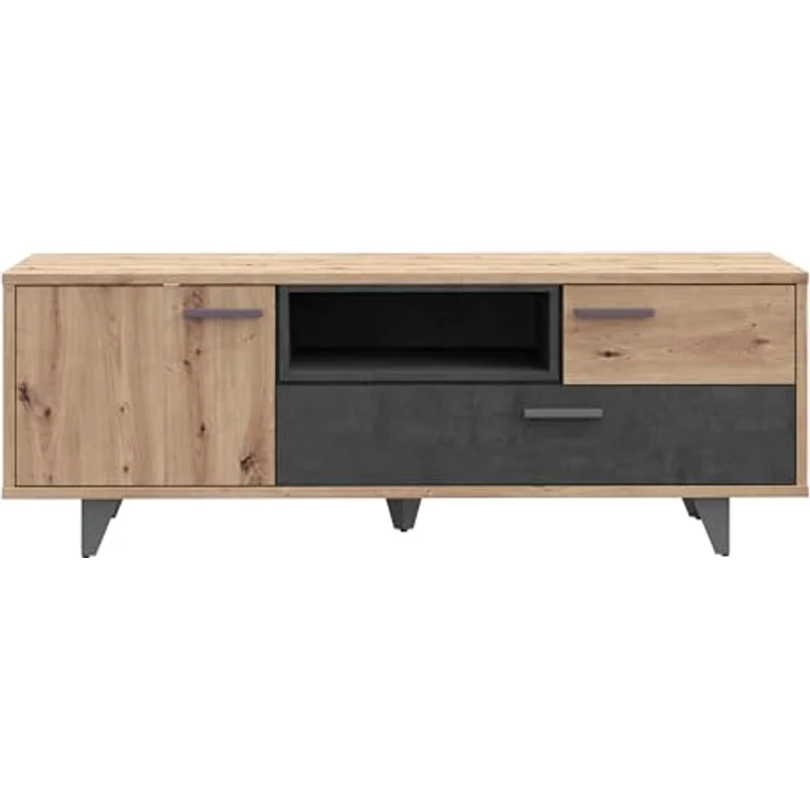Forte Raven TV-Schrank 150 160, moderner Schrank mit 1 Tür, 2 Schubladen, Holzwerkstoff, Artisan Eiche Holzdekor/Betonoptik Dunkelgrau, 154,5 cm breit x 54,4 cm hoch x 52,2 cm tief – Bild 4