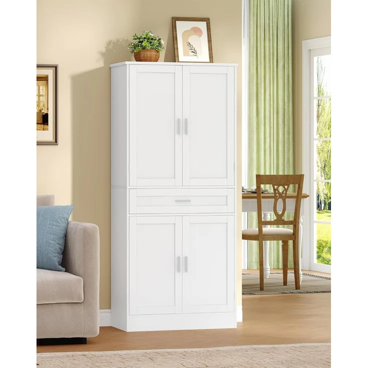 Buffetschrank, Küchenschrank mit 6-stufigem Türrückseiten-Regalsystem, Sideboard mit 4 Türen und 1 Großer Schublade, Modern Stil, Küche, Wohnzimmer, 40 x 80 x 180 cm, Weiß – Bild 3