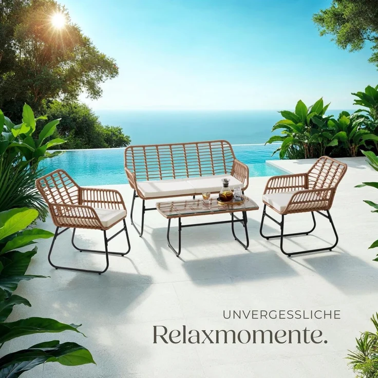 tectake® Outdoor Rattan Sitzgruppe, Möbel, Balkonmöbel, Gartenmöbel Set mit 1x Gartenbank, 2X Stühle + Tisch, Balkonmöbelset für Garten, Terrasse, Balkon - Natur – Bild 8