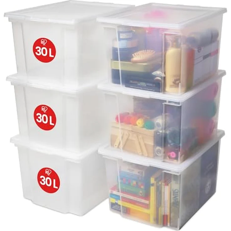 Iris Ohyama Vielseitige Aufbewahrungsbox mit Deckel, Stapelboxen, 30L, 6er-Set, Transparent, Stapelbar, Plastik, Für Schrank, Regale, Organisation, Kleidung, Bettlaken, Plastikbox mit Deckel, USB-M – Bild 2