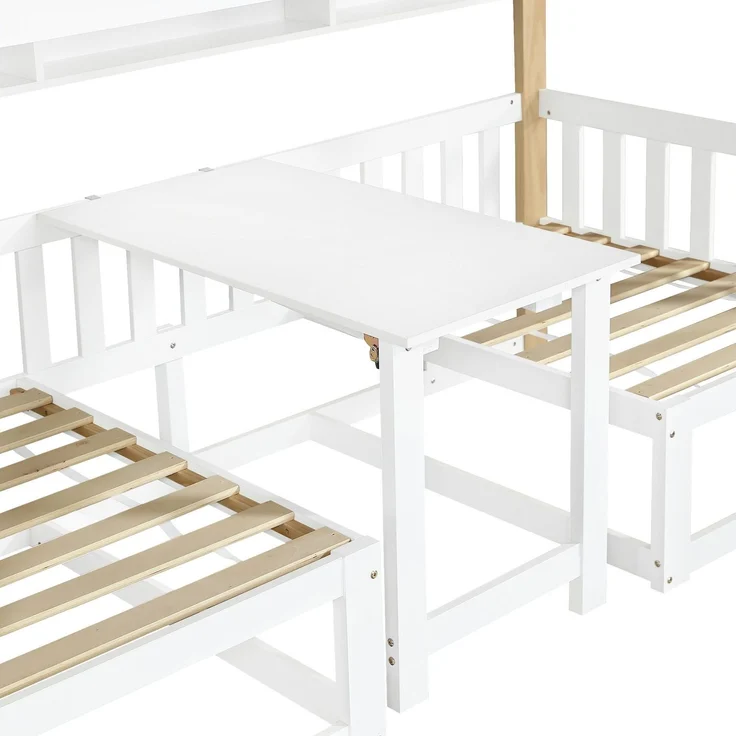 Etagenbett mit 2 Liegeflächen, Treppe, Tisch, Regalen, Rausfallschutz, 90x200cm, Liegefläche umbaubar zur Sitzgruppe, Kinderbett, Kiefer – Bild 9