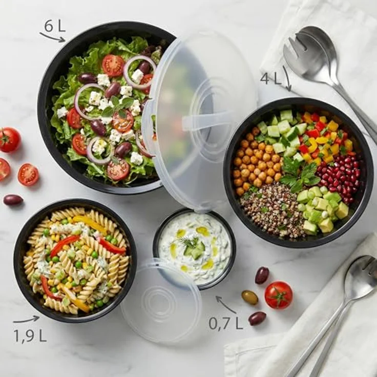Hausfelder Salatschüssel Schüssel Set groß mit Deckel, 0,7-6 L Anthrazit Schwarz), Kunststoff, (8-tlg), Schüsseln 1x6 L, 1x3,6 L, 1x1,9 L, 1x0,7 L – Bild 4