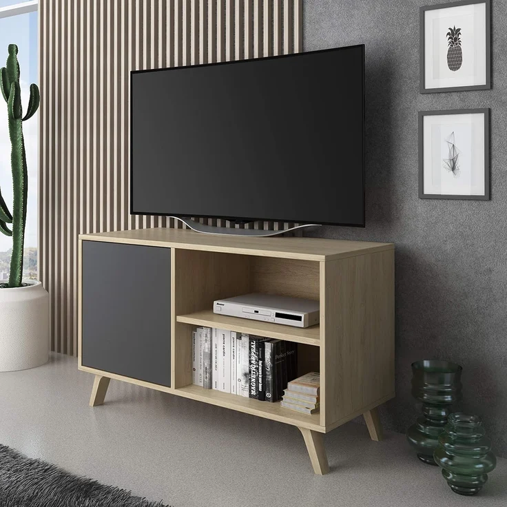 Skraut Home – TV-Schrank für Wohnzimmer – 57 x 95 x 40 cm – geeignet für 32/40 Zoll Fernseher – Modell Wind 100 – Puccini – graue Flügeltür – Bild 2