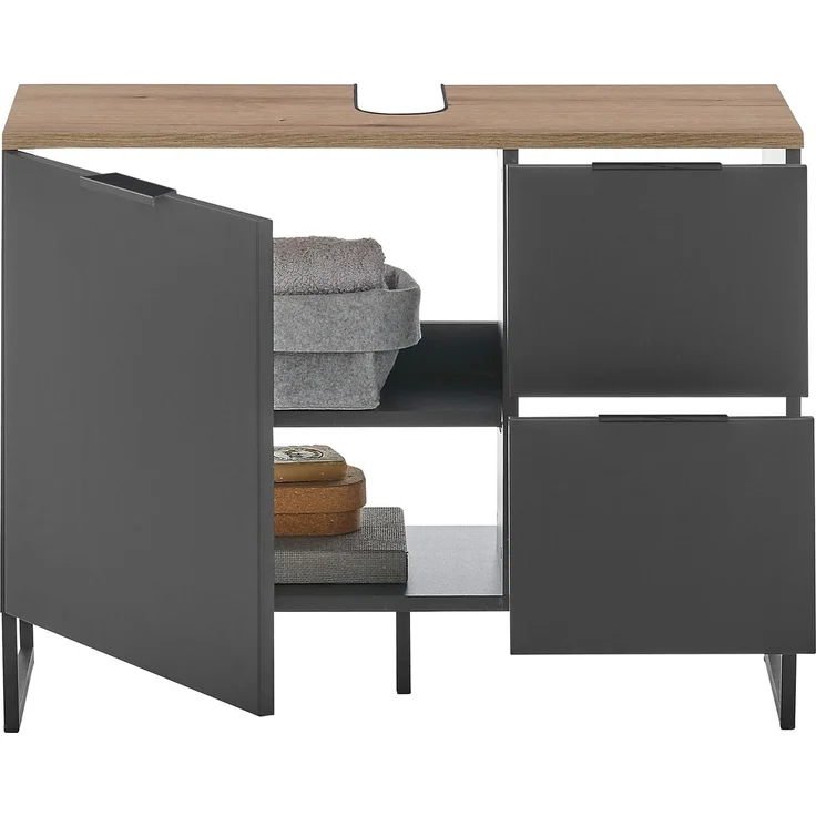 Waschbeckenunterschrank >Denver< 1 Tür, 2 Schübe, schwarz matt / evoke eiche Dekor - 80x60x35 (BxHxT) – Bild 4