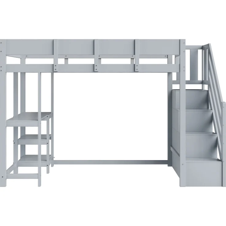 Hochbett 90x200 cm Kinderbett aus massivem Kiefernholz mit Stauraum,Treppe & Ablageregal,platzsparend,sicher,Grau – Bild 5