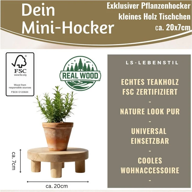 LS-LebenStil Blumenständer Pflanzenhocker Teak Holz XL 30x8cm Rund Mini Tisch Deko Tablett Blumen (Design Deko Hocker Teak Holz 18x15cm Mini Tisch rustikales Tischchen, 1 St, Braun 4 Füße kleiner Pflanzenständer Pflanzentisch Holzhocker Deko), FSC zert... – Bild 2