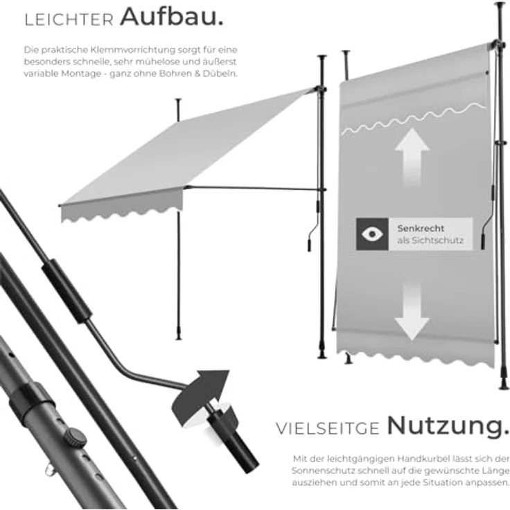 tectake® Klemmmarkise mit Handkurbel, Balkon Markise ohne Bohren, Markise höhenverstellbar, UV-beständig, wasserabweisend, Terrassenüberdachung, Sonnenschutz Terrasse & Balkon, Breite 150 cm -hellgrau – Bild 4