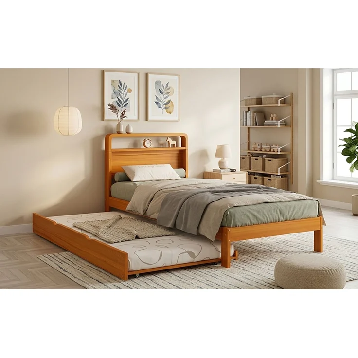 ZUBALIYA Bettgestell Holzbett 90x200 cm mit Ausziehbett 90x190 cm, Funktionsbett mit links/rechts montierbarem Gästebett, abgerundetem Kopfteil und platzsparendem Design, Natur – Bild 10