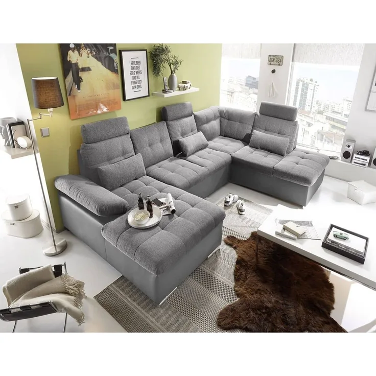 Couch Wohnlandschaft Schlaffunktion Schlafsofa grau grau hell Ottomane rechts