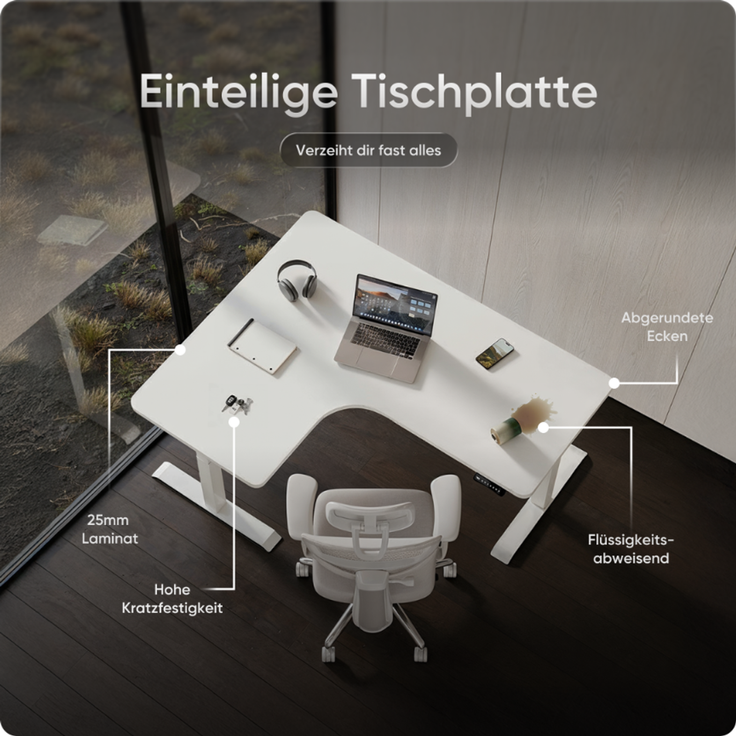 DESKSPACE CORNER Schreibtisch, Elektrisch höhenverstellbar, 160 x 130 x 70 cm, Weiße Tischplatte, Weißes Gestell – Bild 8