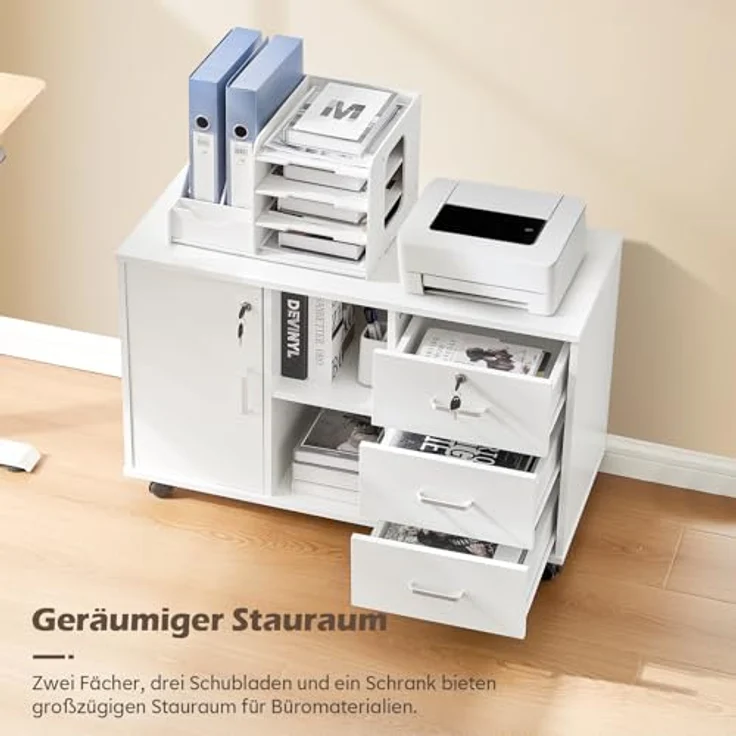 TUKAILAI Rollcontainer Abschließbar mit 3 Schubladen, Lagerung Fach und Offene Regale, Aktenschrank, Büroschrank mit Rollen, Dokumente in DIN-A4, Legal, Letter-Format, Büromöbel, Weiß – Bild 5