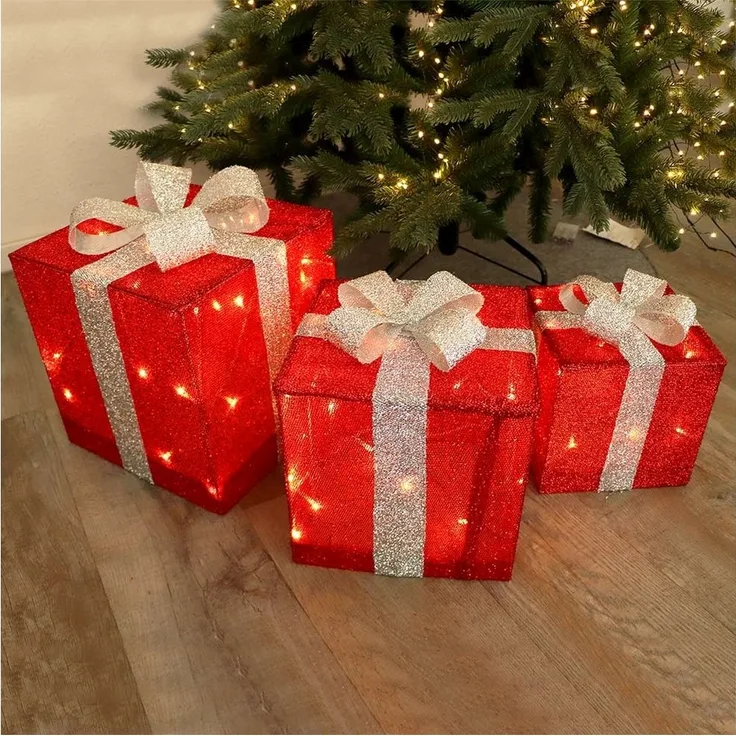 Gartenpirat LED Dekofigur Geschenkboxen mit Schleife 3er-Set Weihnachtsdeko außen innen Timer, Warmweiß/Rot, Timer-und Schalter-Funktion: Schalter mit 3 Funktionen (ON/OFF/TIMER)