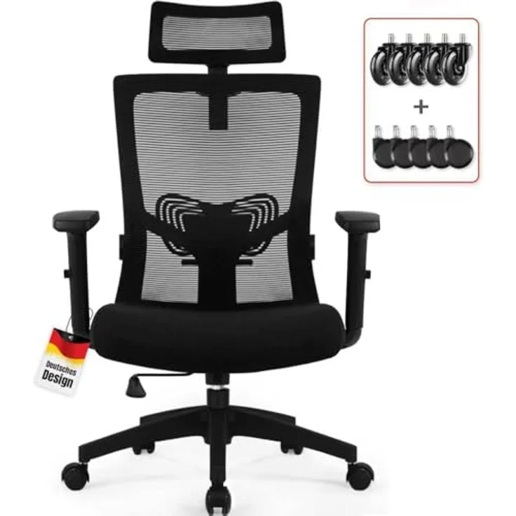 Daccormax Bürostuhl Ergonomisch, Schreibtischstuhl mit Verstellbarer Kopfstütze, Armlehnen, Lendenwirbelstütze, Drehstuhl Wippfunktion bis 135°, Chefsessel aus Mesh,Rückenschonend, Bürostuhl 150kg – Bild 2