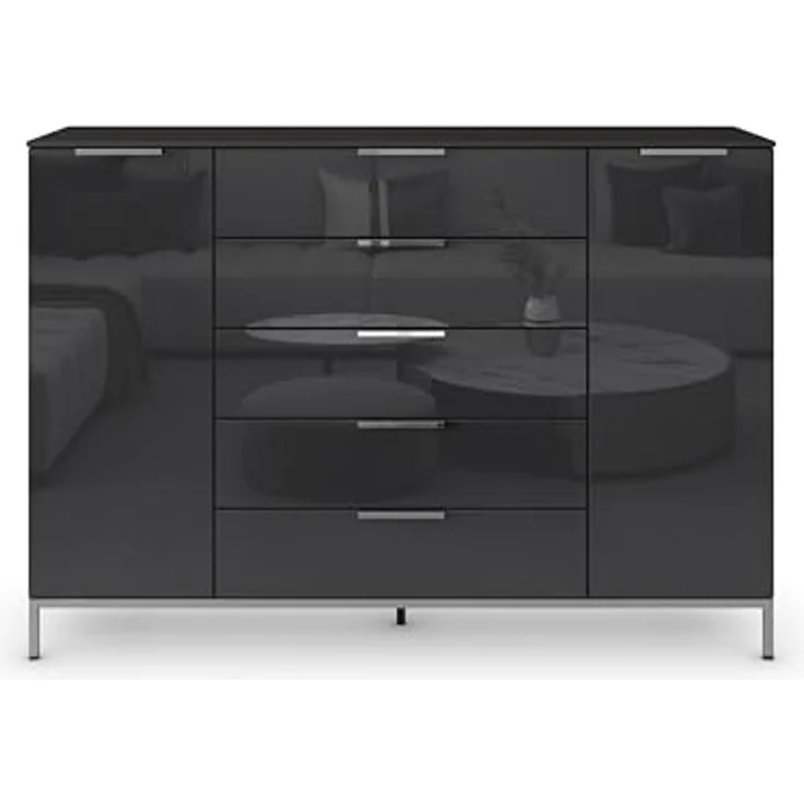 Rauch Möbel Flipp, Nachttisch für Schlafzimmer, Flur, Garderobe, 2-türig, 5 Schubladen, mit Softclose-Funktion, Farbe Front Glas Schwarz, Breite 160 cm – Bild 6