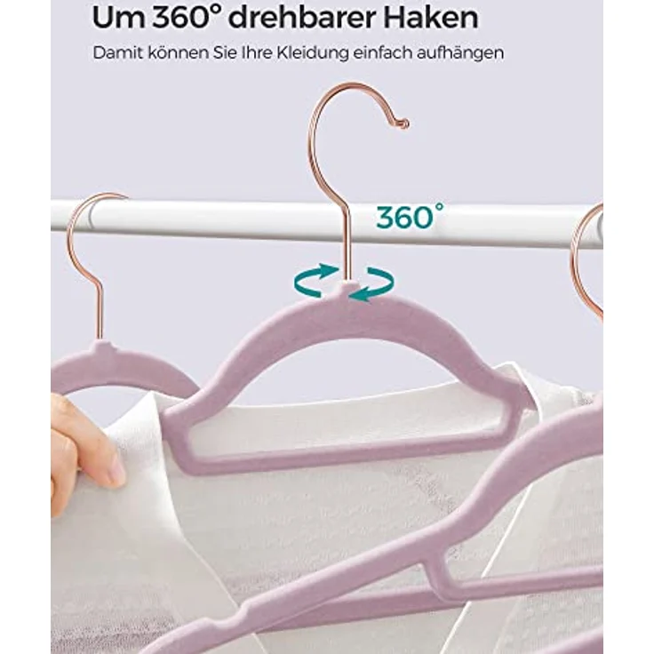 SONGMICS Kleiderbügel Samt, 50er Set, rutschfest, platzsparend | Bügel, 43,5 cm lang, 0,6 cm dick, kleine Stange für Krawatten, 360° drehbarer, Lila + Roségold ,BREANNA Kollektion CRF021GP50 – Bild 7