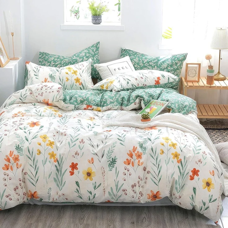 Blumen Bettwäsche 135x200 Baumwolle Reißverschluss 80x80 Kissenbezug Weiß Grün – Bild 1